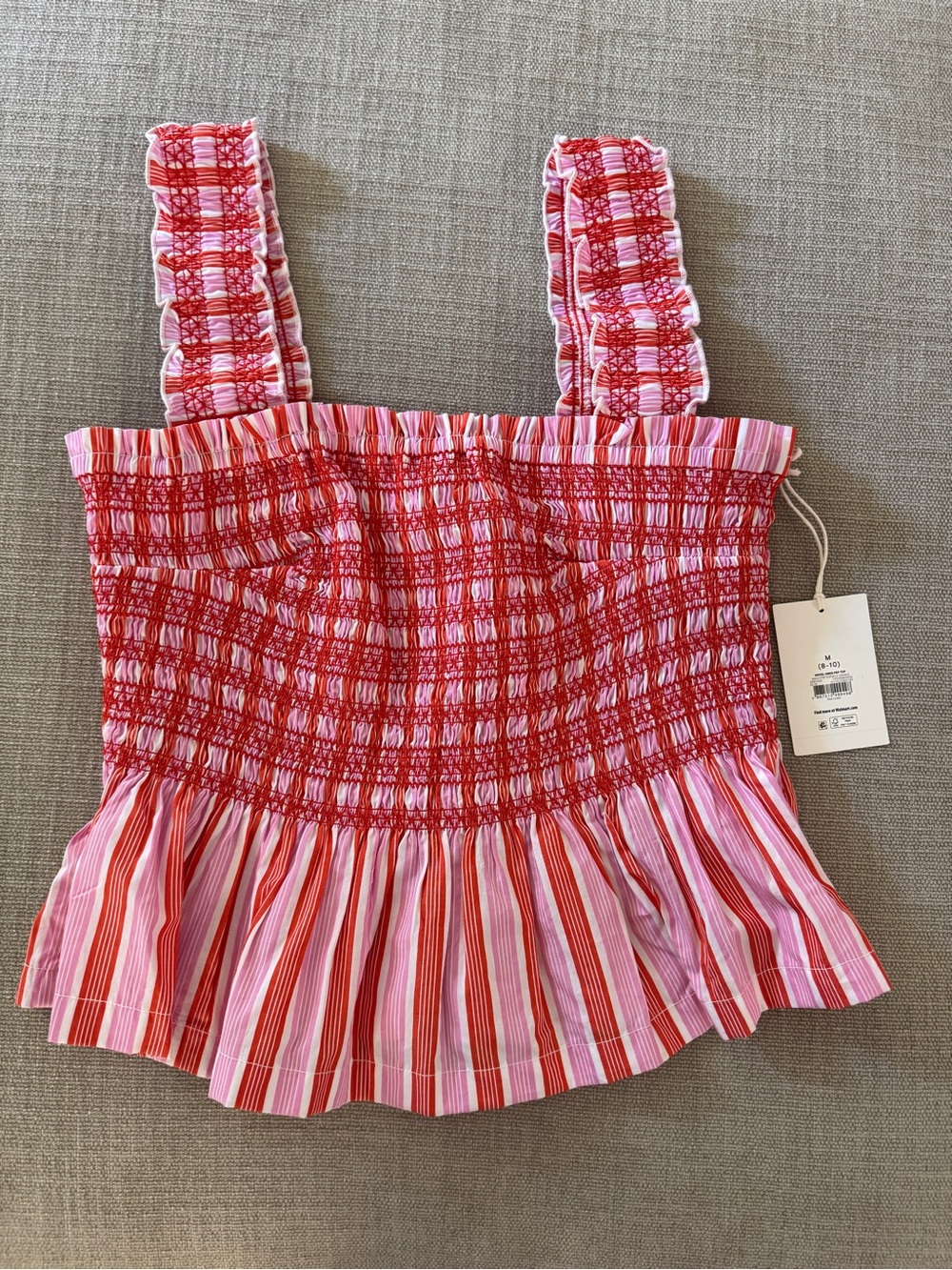 100% Cotton Striped Smocked Tank Top in Pink and Red